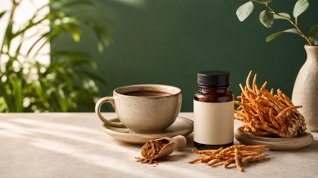 Cordyceps mushrooms, coffee and supplement bottle for KISIME educational guide