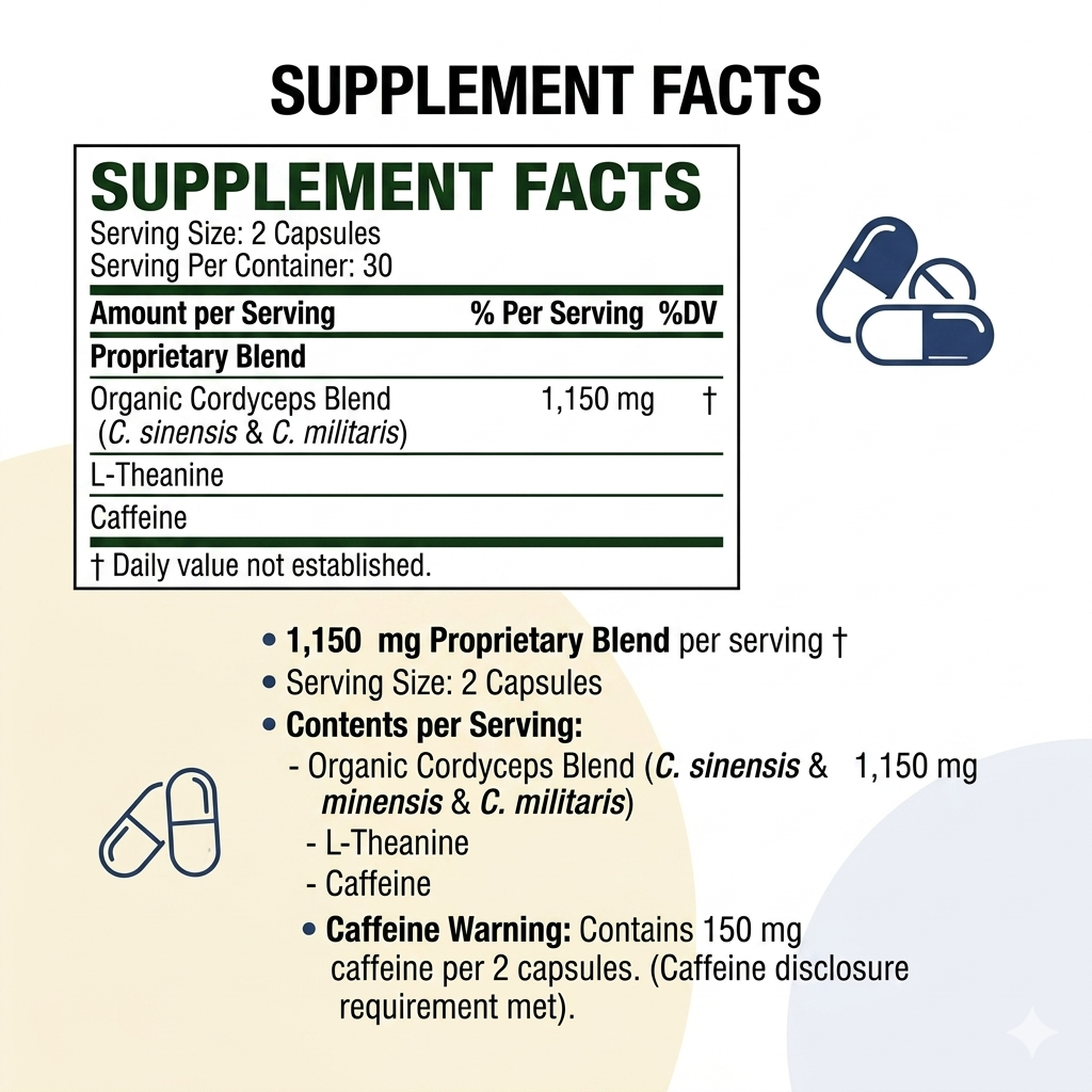 Cordy-X Premium cordyceps supplement facts label