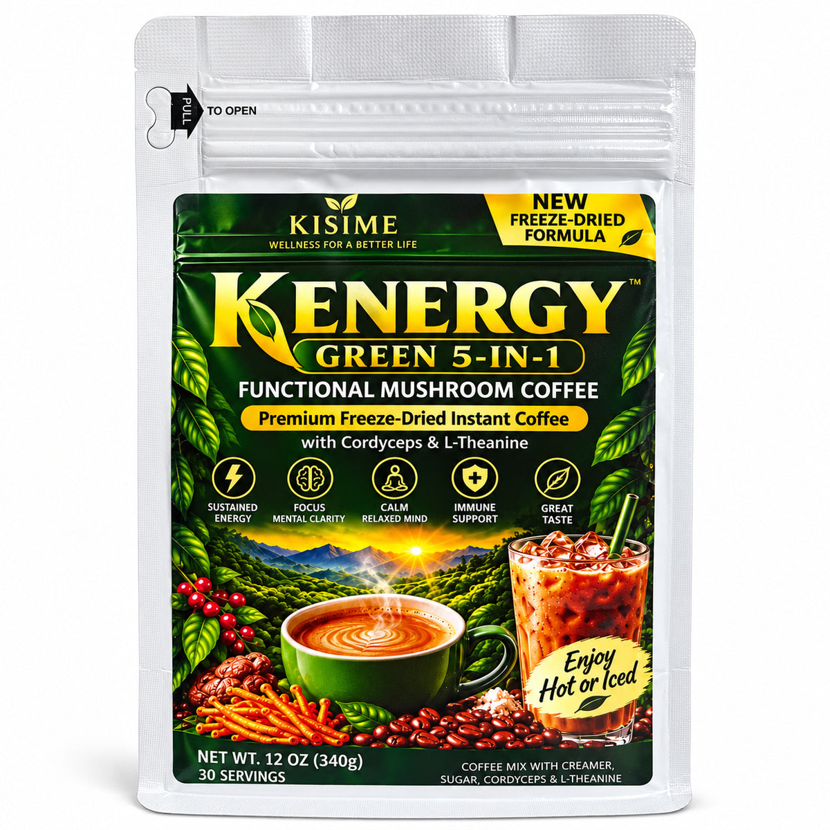 Kenergy Green 5-in-1 Mushroom Coffee with Cordyceps & L-Theanine – Freeze-Dried Instant Coffee, 12 oz (340g), 30 Servings