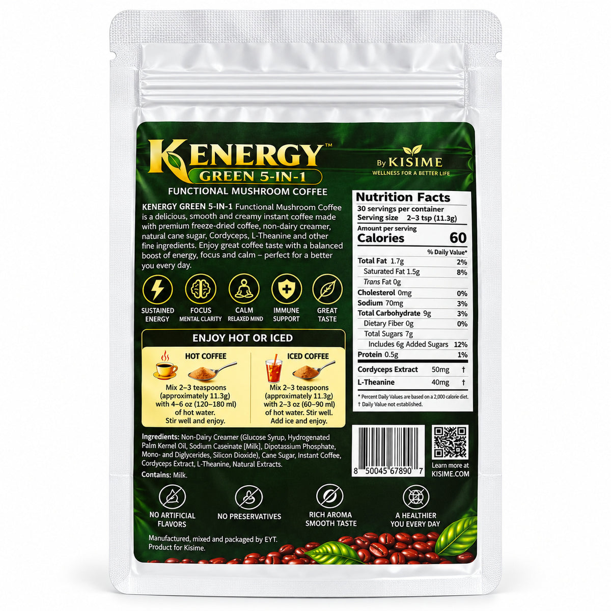 Kenergy Green 5-in-1 Mushroom Coffee with Cordyceps & L-Theanine – Freeze-Dried Instant Coffee, 12 oz (340g), 30 Servings