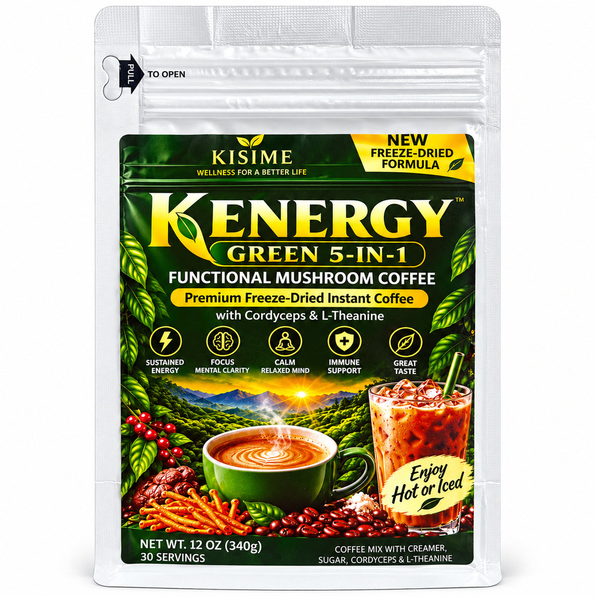 Kenergy Green 5-in-1 Mushroom Coffee with Cordyceps & L-Theanine – Freeze-Dried Instant Coffee, 12 oz (340g), 30 Servings